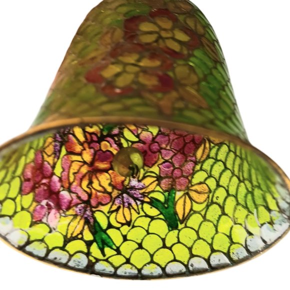 Plique-à-Jour Green Glass Bell Red Flowers Translucent Cloisonne Style - Picture 9 of 11